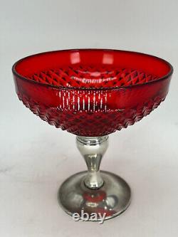 Ruby Glass Pedestal Vintage Alvin Sterling Silver Diamond Point Compote Dish