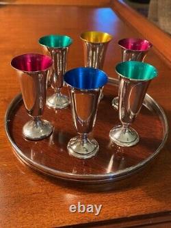 Set of 6 ALVIN STERLING S247 Colored Cordials, Sterling Rimmed Plastic Tray