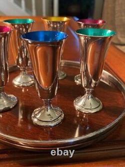 Set of 6 ALVIN STERLING S247 Colored Cordials, Sterling Rimmed Plastic Tray