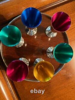 Set of 6 ALVIN STERLING S247 Colored Cordials, Sterling Rimmed Plastic Tray