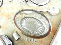 Set of 6 Alvin Sterling Silver Overlay Salt Dips Cellars withSpoons Oval Glass T82