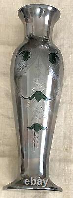 Sterling Silver Alvin Tall Emerald Green Glass Vase Silver Overlay Flowers