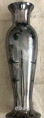 Sterling Silver Alvin Tall Emerald Green Glass Vase Silver Overlay Flowers