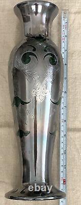 Sterling Silver Alvin Tall Emerald Green Glass Vase Silver Overlay Flowers