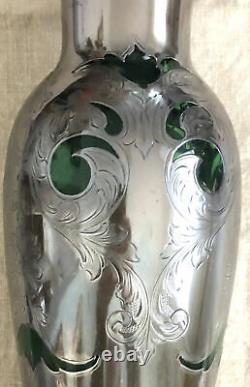 Sterling Silver Alvin Tall Emerald Green Glass Vase Silver Overlay Flowers