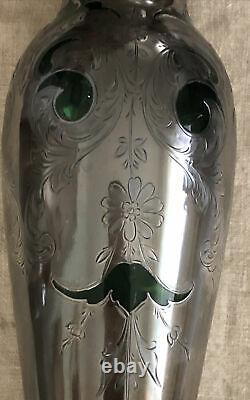 Sterling Silver Alvin Tall Emerald Green Glass Vase Silver Overlay Flowers