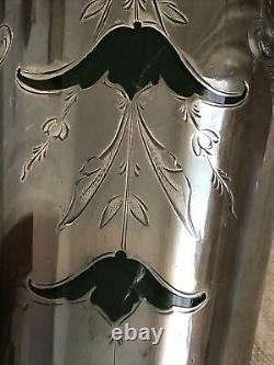 Sterling Silver Alvin Tall Emerald Green Glass Vase Silver Overlay Flowers