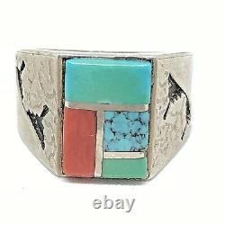 TURQUOISE Sterling Silver Inlay Square Navajo Ring Vintage 12 ALVIN & LULA BEGAY