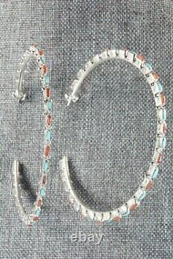 Turquoise, Coral & Silver Hoop Earrings Alvin & Aurelia Hughte