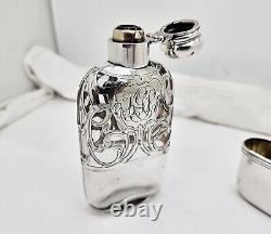 VINTAGE ALVIN 214 STERLING SILVER OVERLAY POCKET/PURSE SIZE GLASS FLASK WithCUP