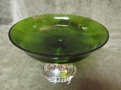 Vintage 1940's Alvin Sterling Silver Base Green Glass Peg Compote/Candy Dish