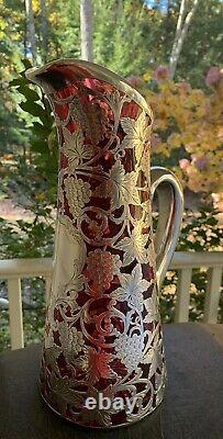 Vintage ALVIN Grapes & Vines Wine Red Glass Sterling Silver Overlay 12 Pitcher