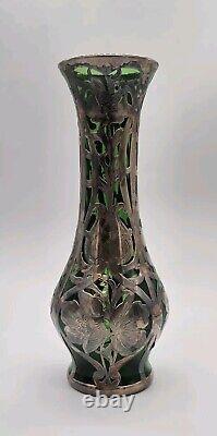 Vtg ALVIN Art Nouveau Sterling Silver Green Glass Vase G3217-3 DAMAGE-READ