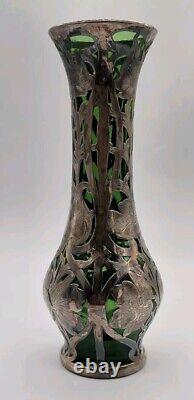 Vtg ALVIN Art Nouveau Sterling Silver Green Glass Vase G3217-3 DAMAGE-READ