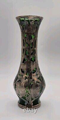 Vtg ALVIN Art Nouveau Sterling Silver Green Glass Vase G3217-3 DAMAGE-READ