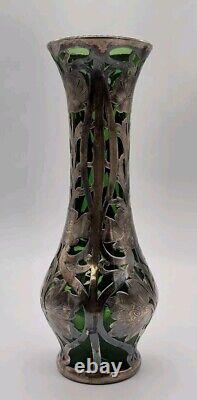 Vtg ALVIN Art Nouveau Sterling Silver Green Glass Vase G3217-3 DAMAGE-READ