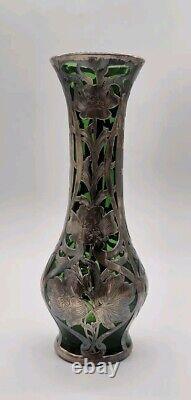 Vtg ALVIN Art Nouveau Sterling Silver Green Glass Vase G3217-3 DAMAGE-READ
