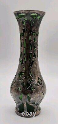 Vtg ALVIN Art Nouveau Sterling Silver Green Glass Vase G3217-3 DAMAGE-READ