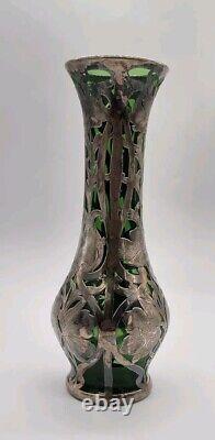 Vtg ALVIN Art Nouveau Sterling Silver Green Glass Vase G3217-3 DAMAGE-READ
