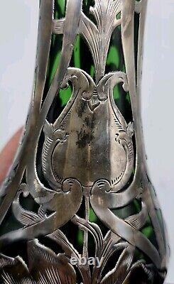 Vtg ALVIN Art Nouveau Sterling Silver Green Glass Vase G3217-3 DAMAGE-READ