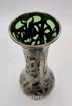 Vtg ALVIN Art Nouveau Sterling Silver Green Glass Vase G3217-3 DAMAGE-READ