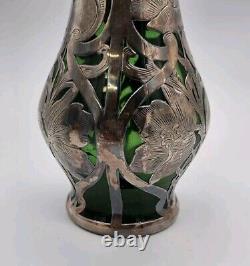 Vtg ALVIN Art Nouveau Sterling Silver Green Glass Vase G3217-3 DAMAGE-READ