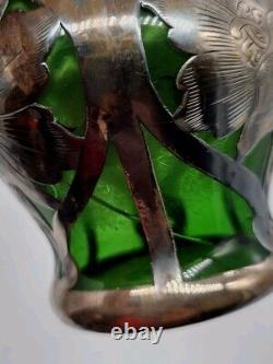 Vtg ALVIN Art Nouveau Sterling Silver Green Glass Vase G3217-3 DAMAGE-READ