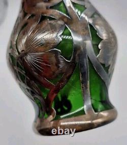Vtg ALVIN Art Nouveau Sterling Silver Green Glass Vase G3217-3 DAMAGE-READ