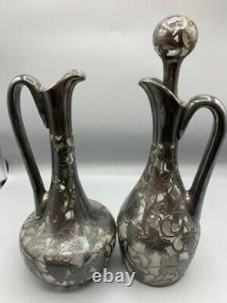 2 anciennes carafes en verre avec incrustations en argent sterling Alvin 999