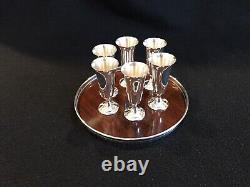 6 verres à liqueur en argent sterling Alvin & plateau en plastique laminé bordé d'argent sterling