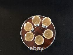 6 verres à liqueur en argent sterling Alvin & plateau en plastique laminé bordé d'argent sterling