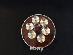 6 verres à liqueur en argent sterling Alvin & plateau en plastique laminé bordé d'argent sterling