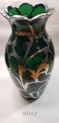 Alvin 999 Vase en verre vert émeraude avec superposition en argent sterling style Art Nouveau