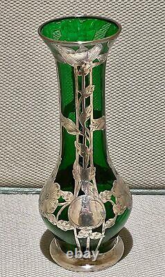 Alvin Vase Antique Art Nouveau American Green & Silver Overlay G3218 Sterling