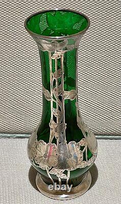 Alvin Vase Antique Art Nouveau American Green & Silver Overlay G3218 Sterling