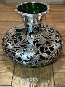Alvin Vase Antique Art Nouveau American Green & Silver Overlay G3330 Sterling