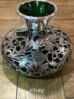Alvin Vase Antique Art Nouveau American Green & Silver Overlay G3330 Sterling