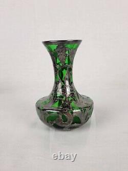 Art Nouveau Alvin Sterling Argent Overlay Green Glass Vase Top Réparé