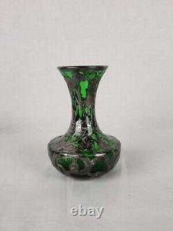 Art Nouveau Alvin Sterling Argent Overlay Green Glass Vase Top Réparé
