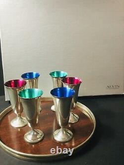 MID Century Alvin Sterling Silver Cordial Cups Enamel Lined, Tray & Original Box