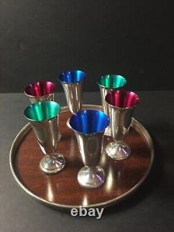 MID Century Alvin Sterling Silver Cordial Cups Enamel Lined, Tray & Original Box