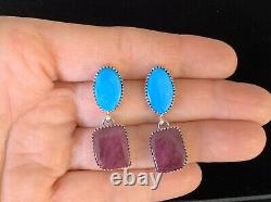 Navajo Sterling Silver Purple Spiry Oyster Turquoise Boucles D’oreilles Alvin Joe