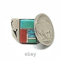 Turquoise Sterling Silver Inlay Square Navajo Ring Vintage 12 Alvin & Lula Begay