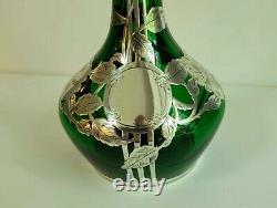 Vase En Verre Vert Superposition En Argent Fin 12 Tall Par Alvin Sterling Art Nouveau